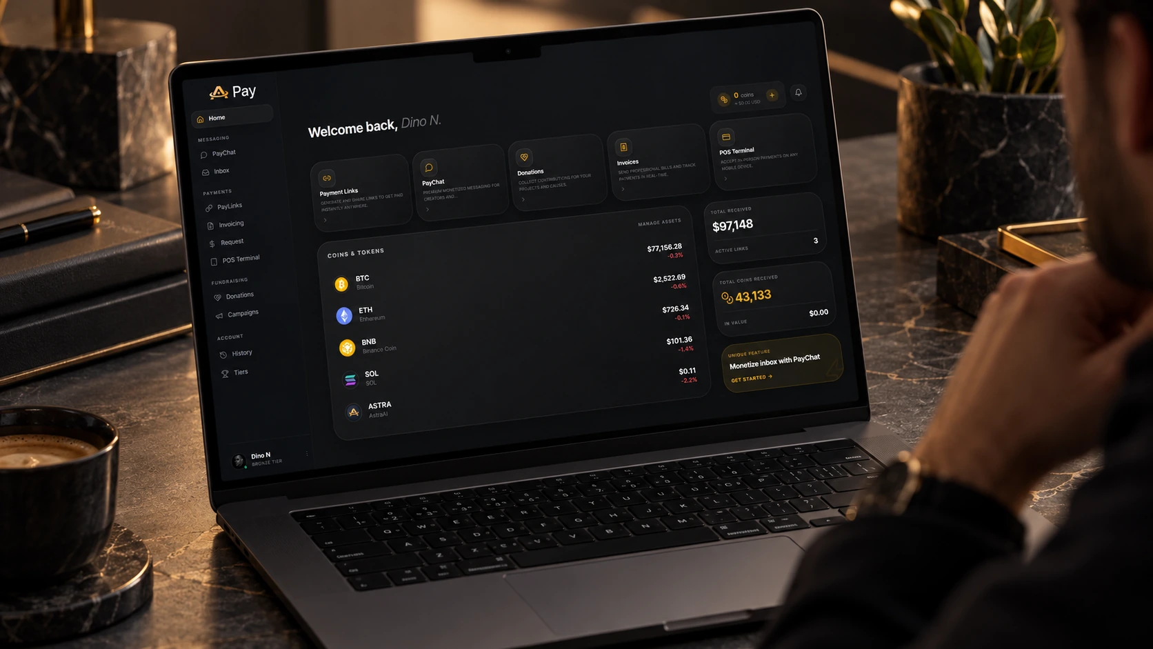 AstraPay dashboard in a contemporary business workspace